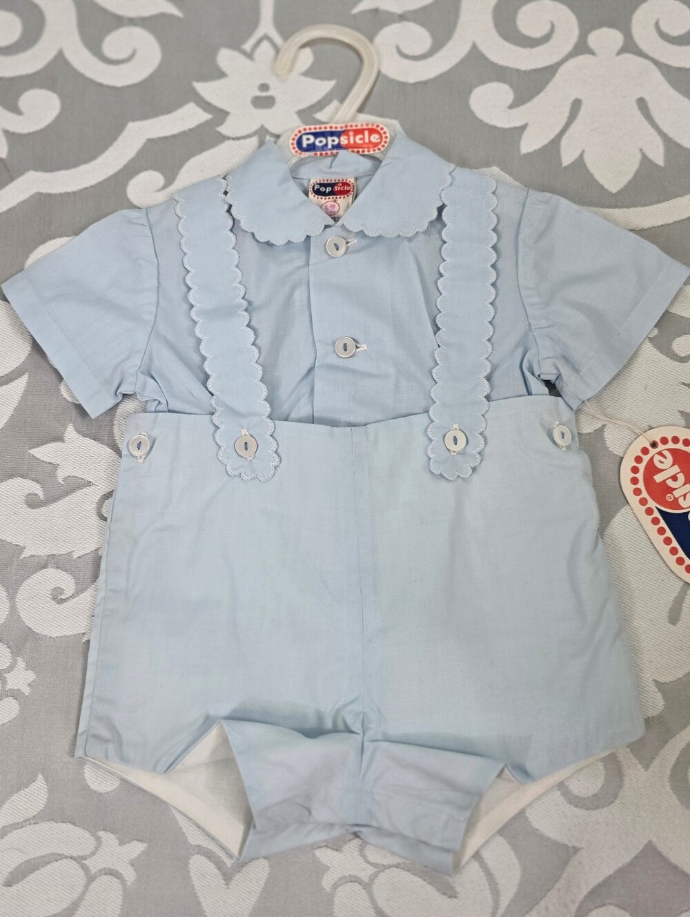 Vtg Popsicle Baby Boy Blue Romper Shorts Set Heirloom Scalloped Bobby Suit 12M